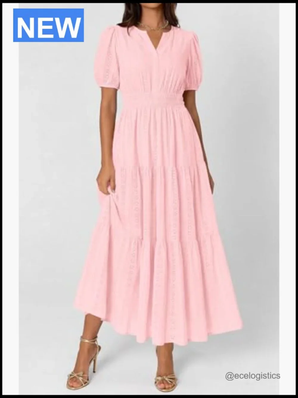 V Neck Puff Sleeve Smocked Maxi Dress Eyelet Cotton Tiered - Picture 4 of 7